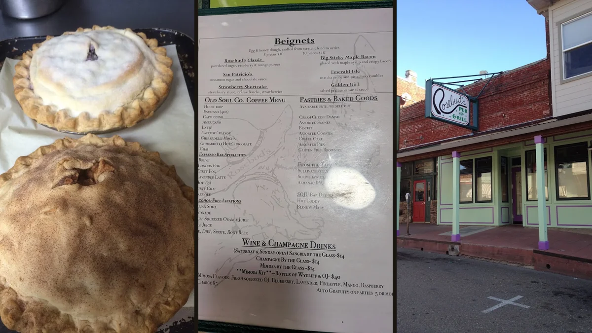 Casual tables beside a historic storefront