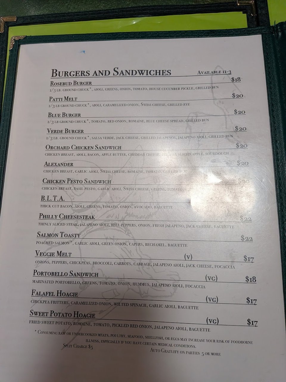 Cafe menu with salads, burgers, and drinks
